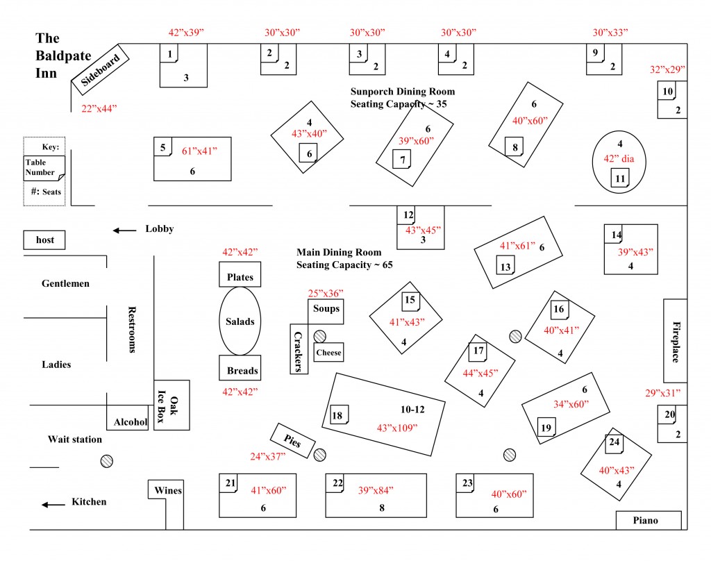 Baldpate Inn Dining Room Floorplan with table dimensions